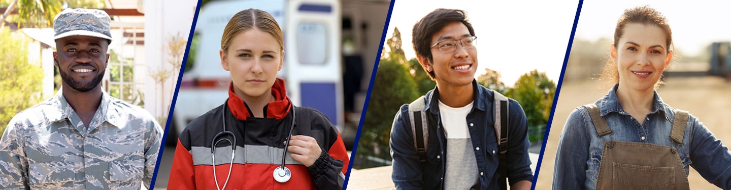 Photo collage of a male soldier, a female paramedic, a male student, and a female farmer, with Ford Recognition Programs logo.